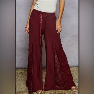 POL Burgundy Wide Leg Thermal Lace Pants